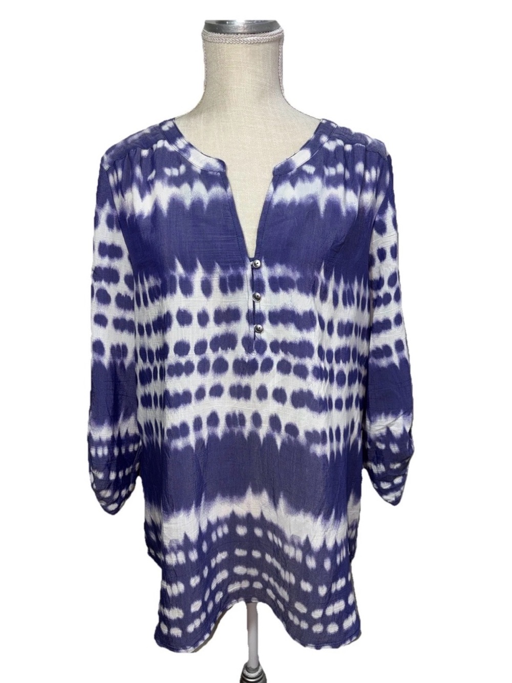 Kim Rogers Blue and White Tie-Dye Henley Tunic